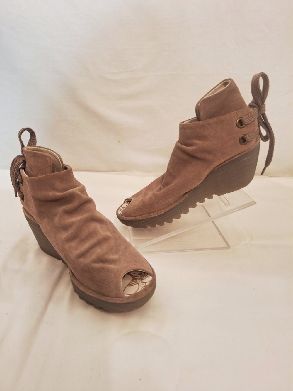 Fly London Yema/Yama Wedge Ankle Boot 38/ 7-7.5 Peep Toe Suede Shoe Taupe